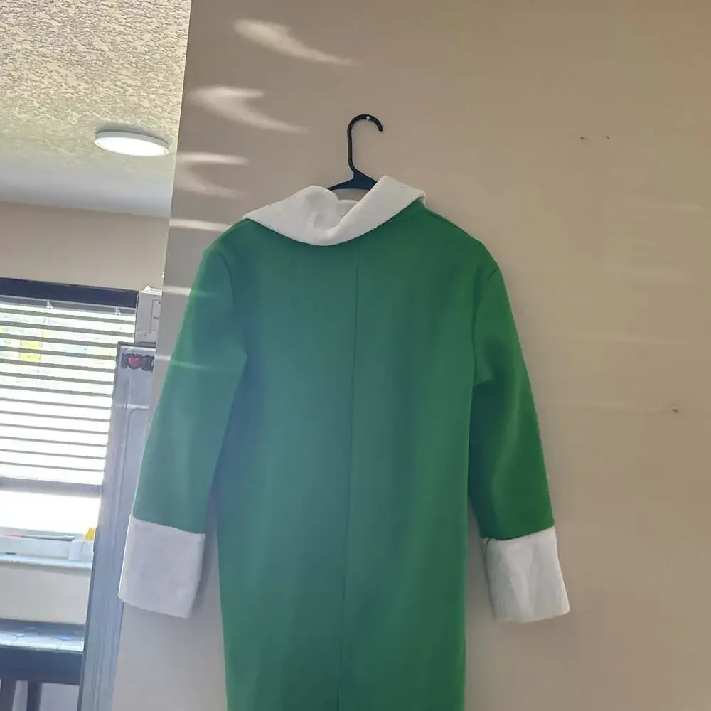 Christmas Elf Costume Long Green Jacket with White Fur Trim & Gold Embroidery S
